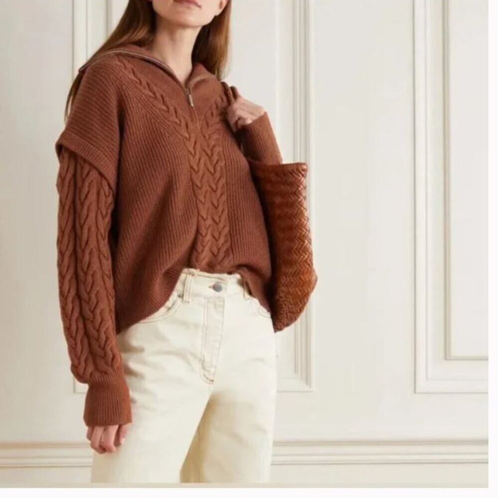 NEW La Ligne Cable Bastien Wool Sweater in Rust Brown 1/2 Zip Sz XS